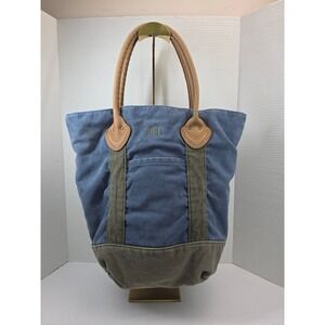 LL Bean Canvas Tote Bag Blue Olive Green Leather Handles Plaid Lining Monogram